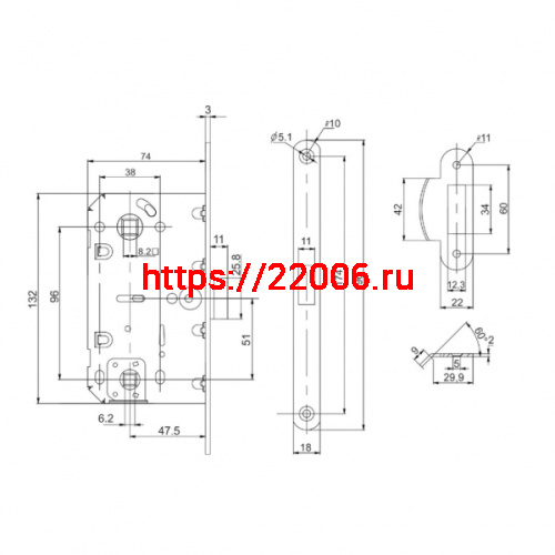 Защелка Punto (Пунто) врезная PL96WC-50/BL SSG (сатин.золото) фото 3